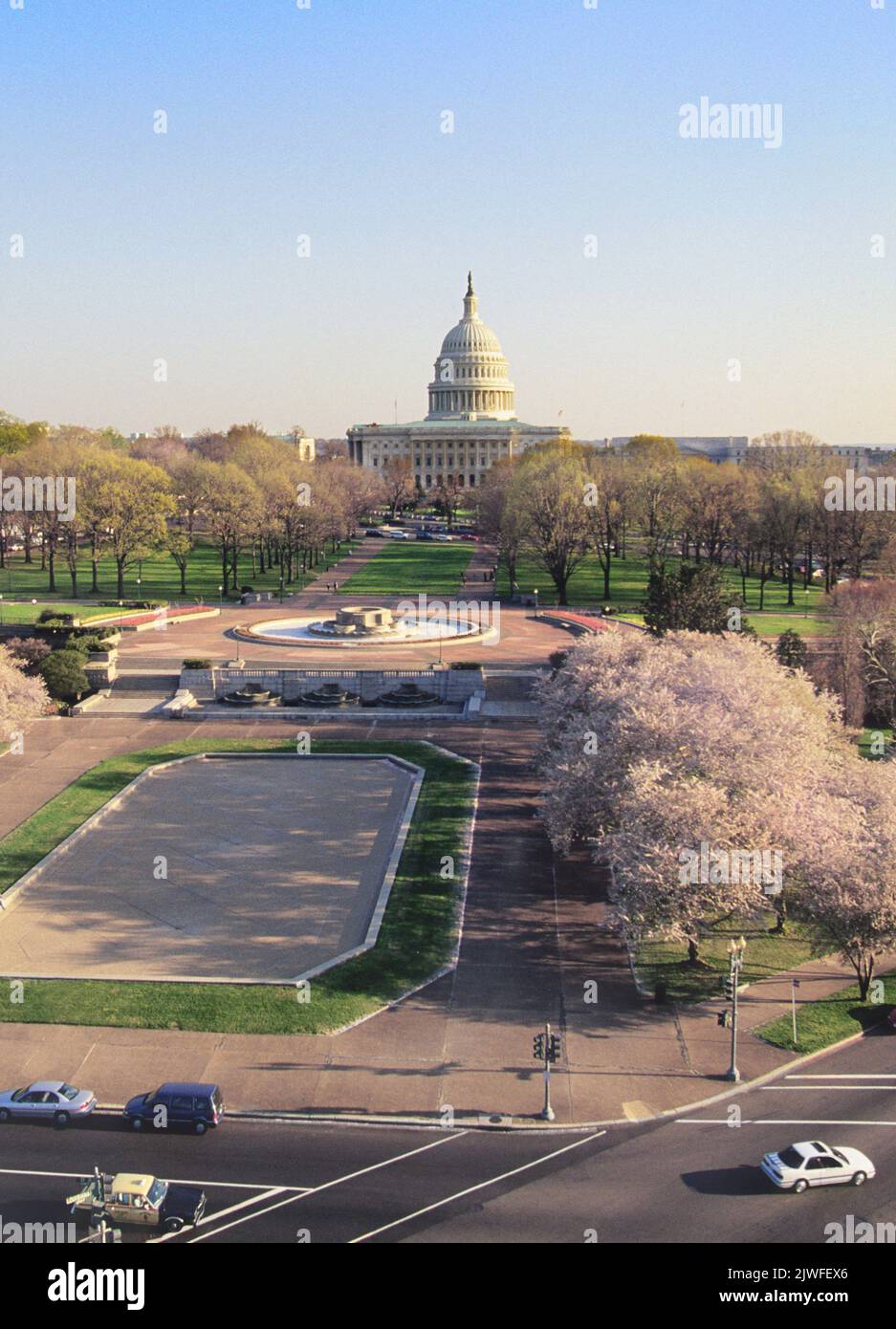 Capitol Building Washington DC USA. Kirschbäume im Frühling. Gebäude der US-Regierung. Nationales historisches Wahrzeichen Stockfoto
