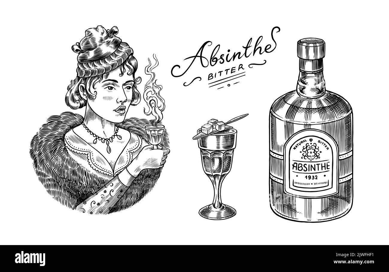 Absinth-Etikett. Flasche und Shot-Glas. Viktorianische Frau mit einem Toast. Starkes Alkohollogo mit kalligraphischem Element. Rahmen für Poster Stock Vektor