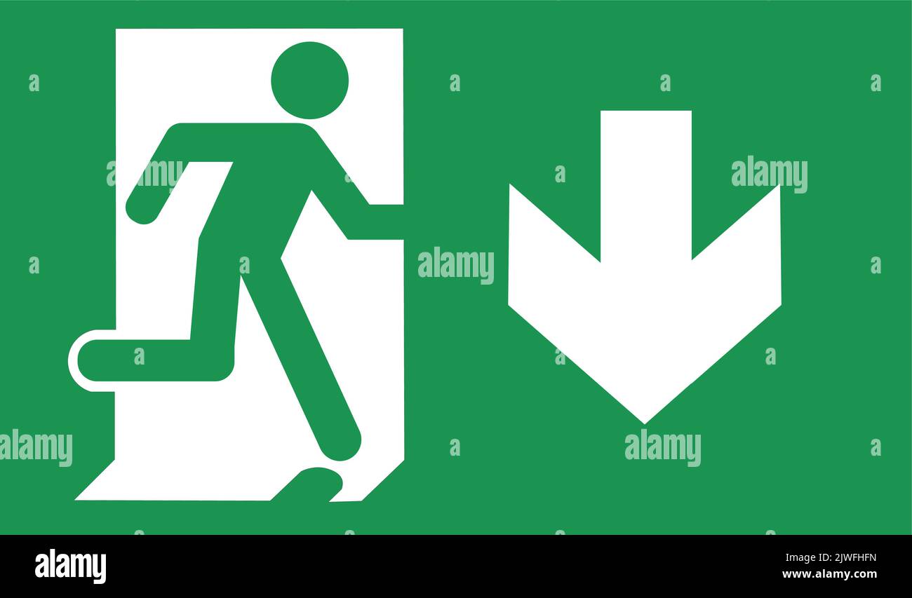 Isoliertes grünes Symbol für den abwärts-Notausgang. Konzept von Notfall und Evakuierung. Stock Vektor