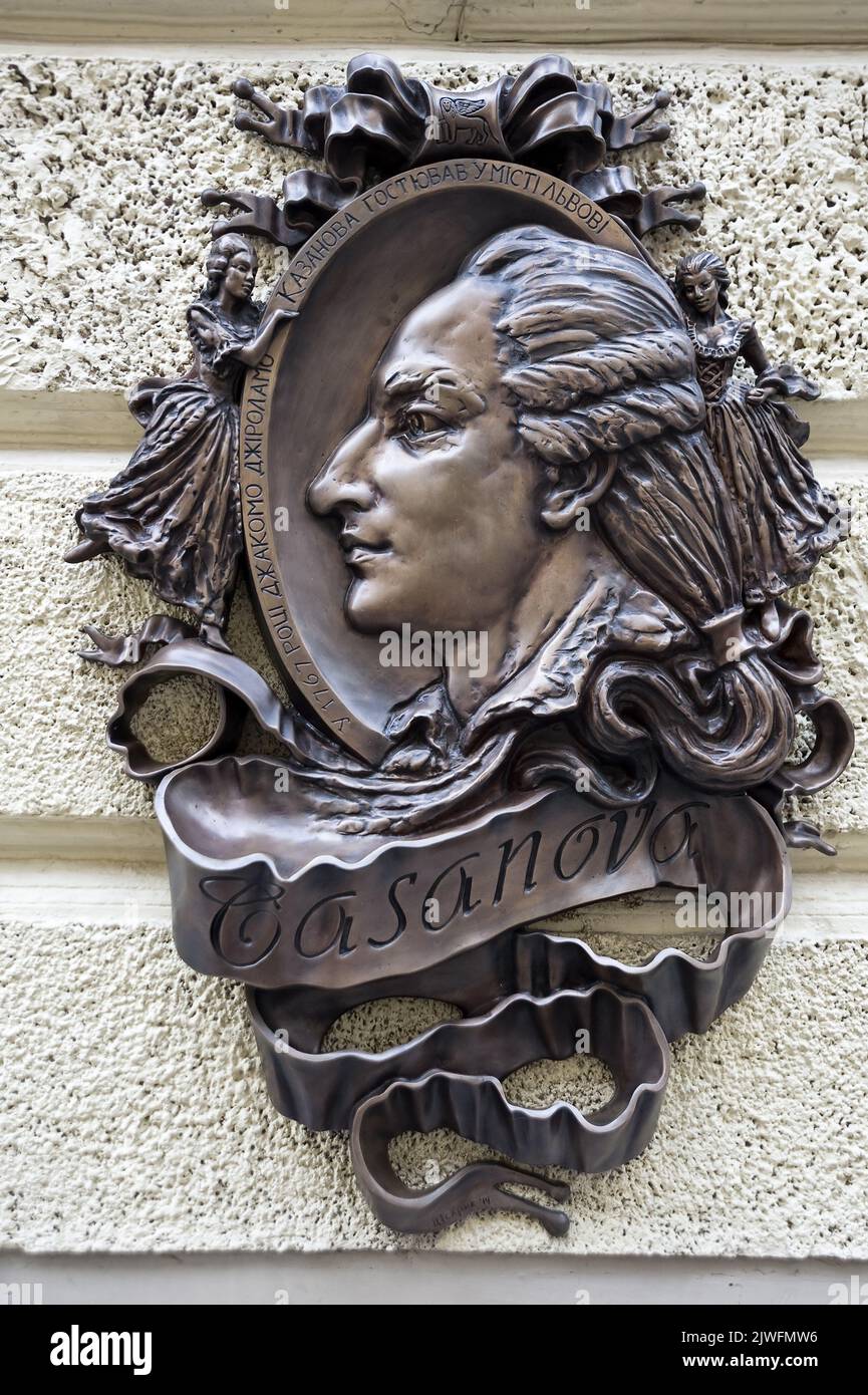 Bronze skulpturales Relief von Casanova in Lemberg Ukraine Stockfoto