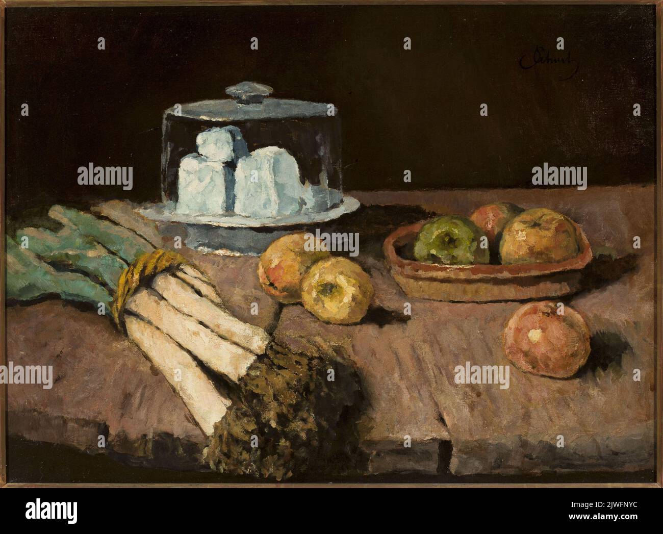 Stillleben mit Lauch, Äpfeln und Käse. Schuch, Carl (1846-1903), Maler Stockfoto