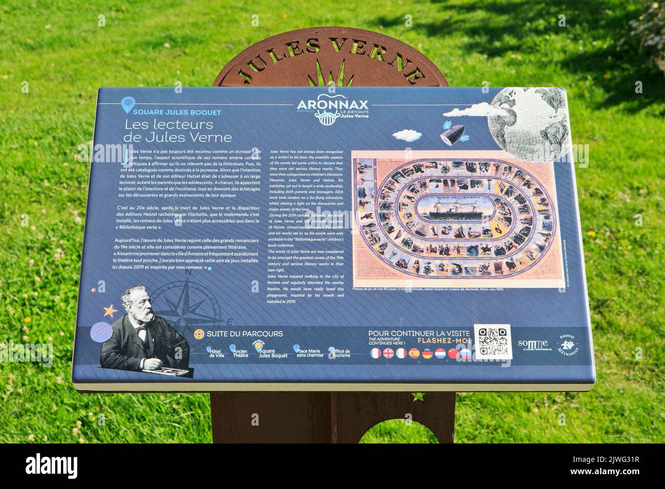 Hinweisschild vor einem von Jules Verne inspirierten Spielplatz in Amiens (Somme), Frankreich Stockfoto