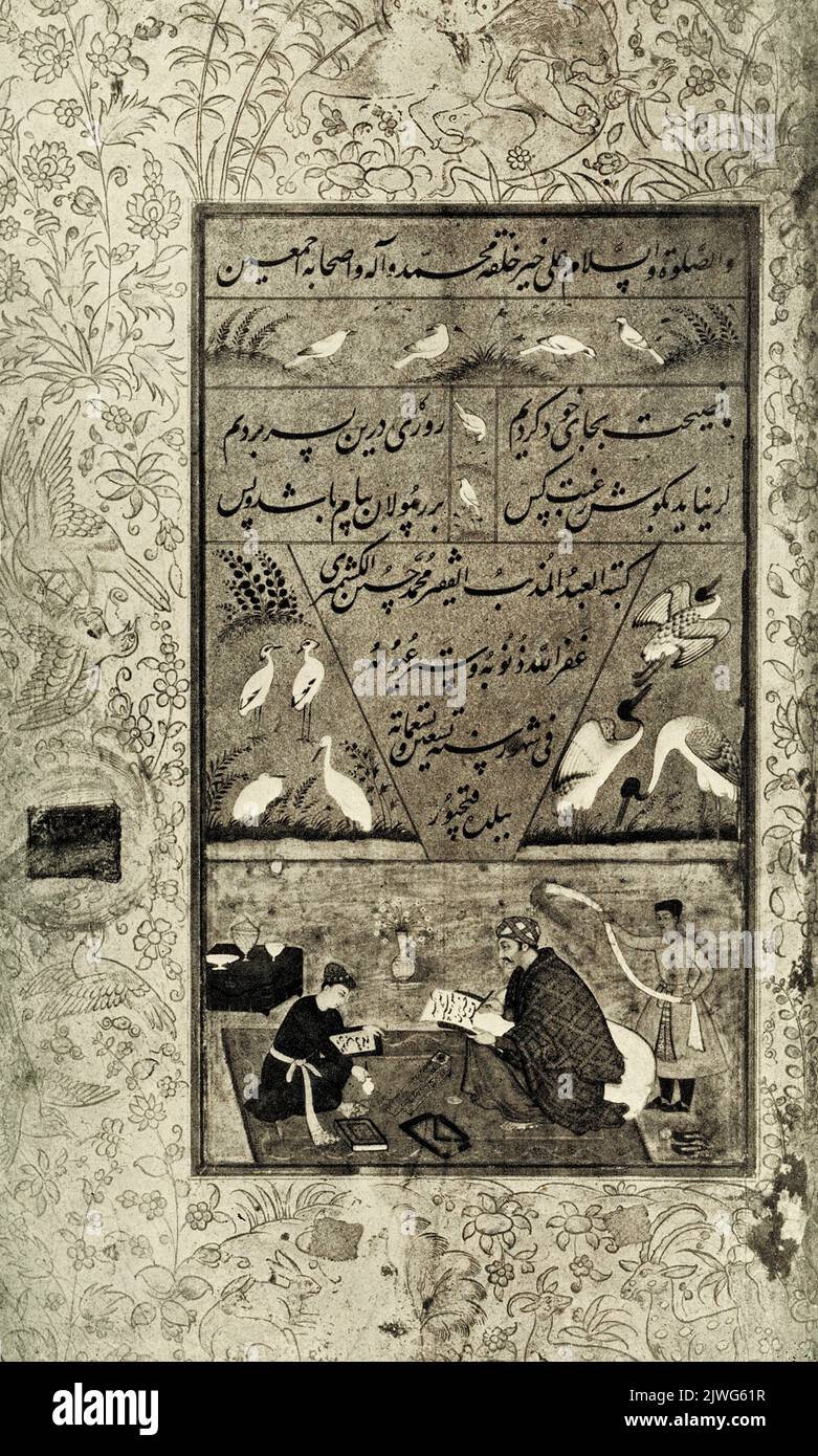 Die Bildunterschrift für dieses Bild aus dem Jahr 1910 lautet: „Der Palast des Gulistan [Rosengartens] – handgeschrieben aus dem Jahr 1582. Aus der Sammlung von Carl von Crawford, geschrieben von Muhammad Husain Kashmiri [Inder, aktiv ca. 1560–1611] – die Miniatur zeigt den Dichter und den Schreiber. Gulistān, manchmal Golestan geschrieben, ist ein Wahrzeichen der persischen Literatur, vielleicht sein einflußreichstes Werk der Prosa. Es wurde 1258 n. Chr. geschrieben und ist eines von zwei Hauptwerken des persischen Dichters Sa'di, der als einer der größten mittelalterlichen persischen Dichter gilt. Stockfoto