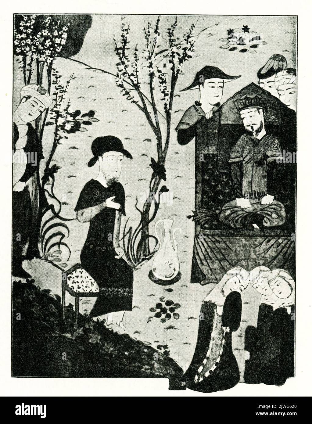 Die Bildunterschrift für dieses Bild von 1910 lautet: „Der mongolische Herrscher Odogei Khan [dritter] Sohn Dschingis Khans – Miniatur aus einer Sammlung in Paris“ der mongolische General und Staatsmann Kublai Khan (auch Khubilai Khan genannt) war der Enkel Dschingis Khans. Kublai Khan (geb.1215–d. 1294) eroberte China und gründete die Yuan- oder Mongolendynastie in China. Ögedei Khan (auch Ogotai und Oktay) wurde C.. 1186 – und starb 1241. Er war der zweite große Khan des mongolischen Reiches, indem er seinen Vater nachfolgte. Er setzte die Expansion des Reiches fort, das sein Vater begonnen hatte, und war der große Khan, als der Mongole Stockfoto