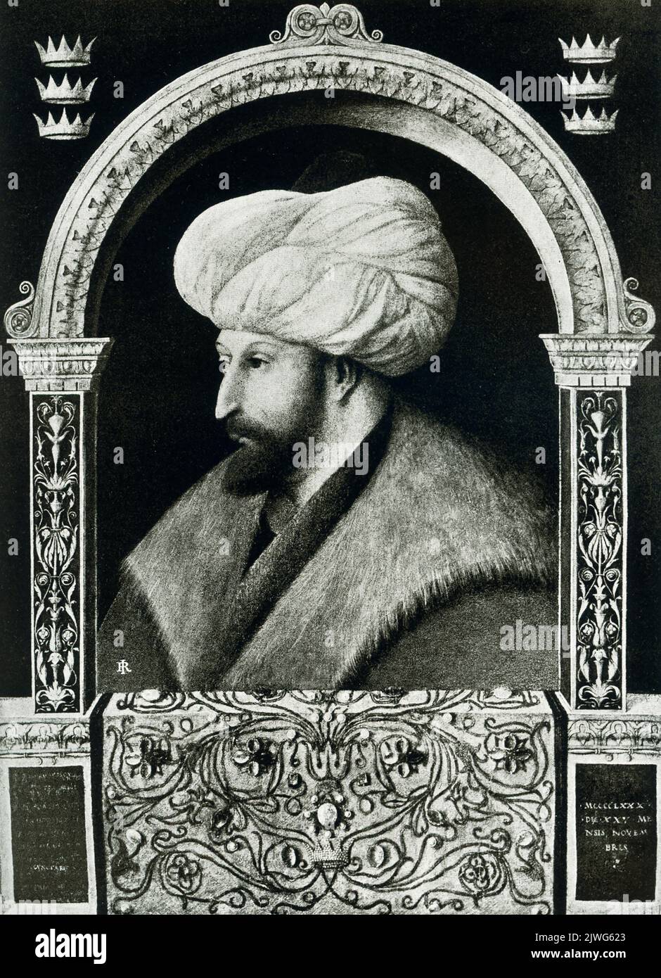 Die Bildunterschrift für dieses Bild von 1910 lautet: „Der Sultan Muhammed II. Gemalt von Gentile Bellini --- jetzt in Rom untergebracht.“ Mohammed II. (1432-1481), genannt Glaube oder Eroberer, war von 1451 bis 1481 der osmanische türkische Sultan. Seine Eroberung Konstantinopels im Jahr 1453 garantierte die Konsolidierung des Osmanischen Reiches. Stockfoto