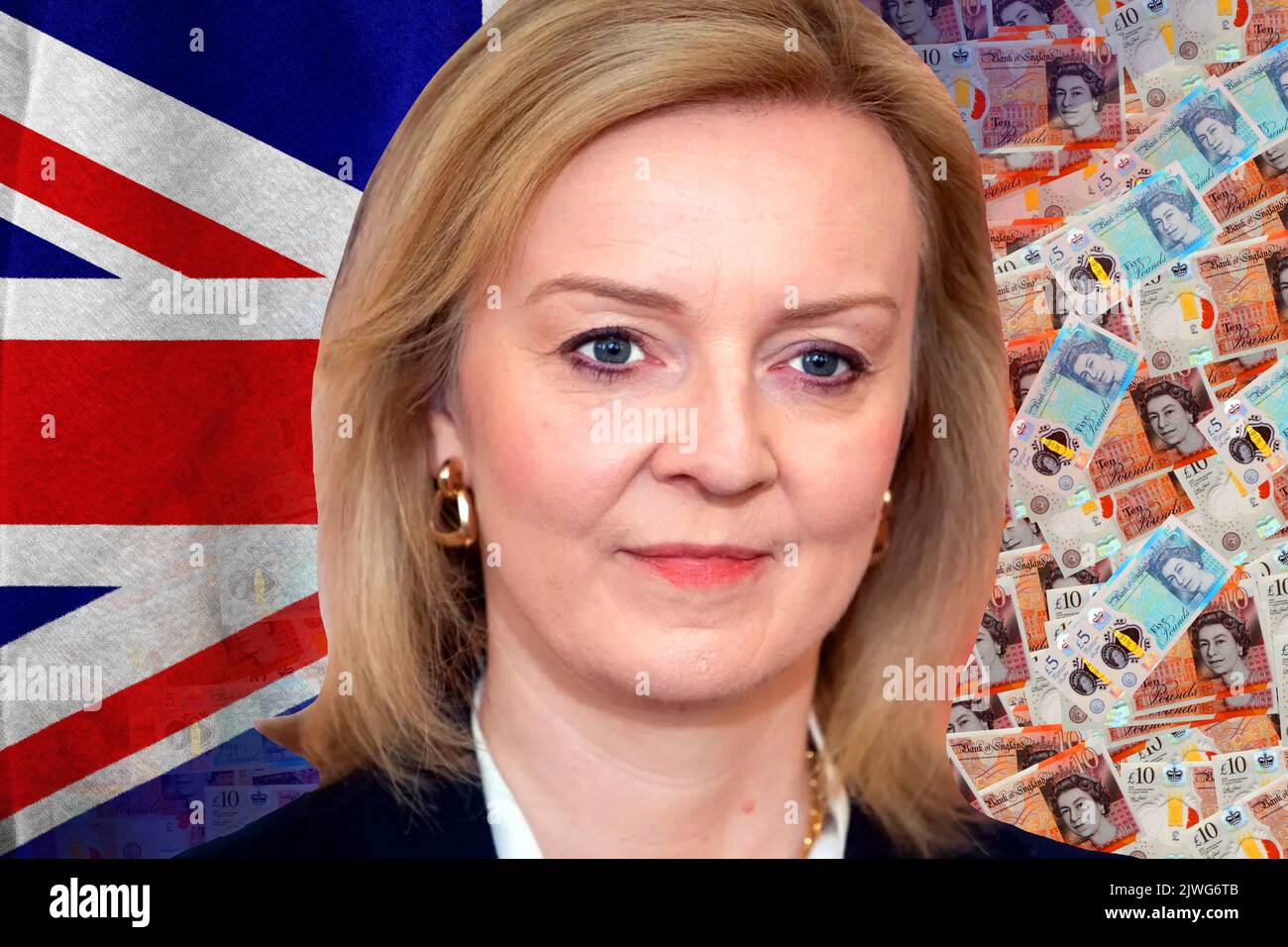 Liz Truss, Sterling-Geldscheine und britische Flagge Stockfoto