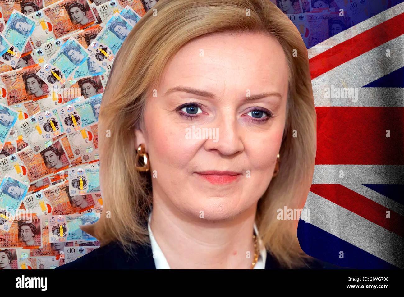 Liz Truss, Sterling-Geldscheine und britische Flagge Stockfoto