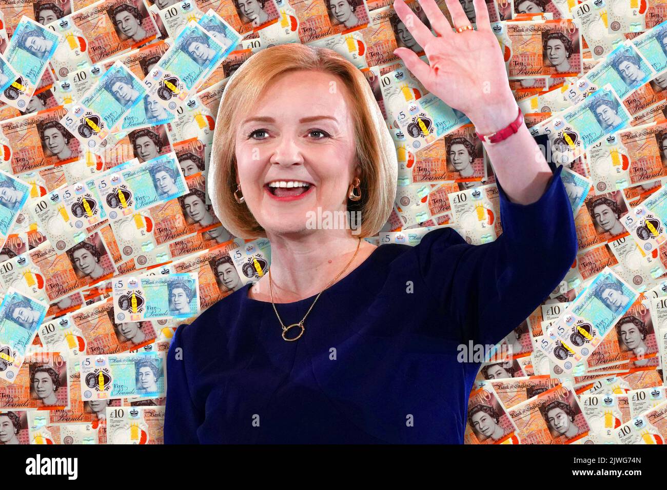 Liz Truss und Sterling-Geldscheine Stockfoto