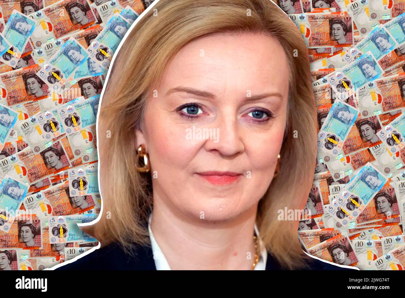 Liz Truss und Sterling-Geldscheine Stockfoto