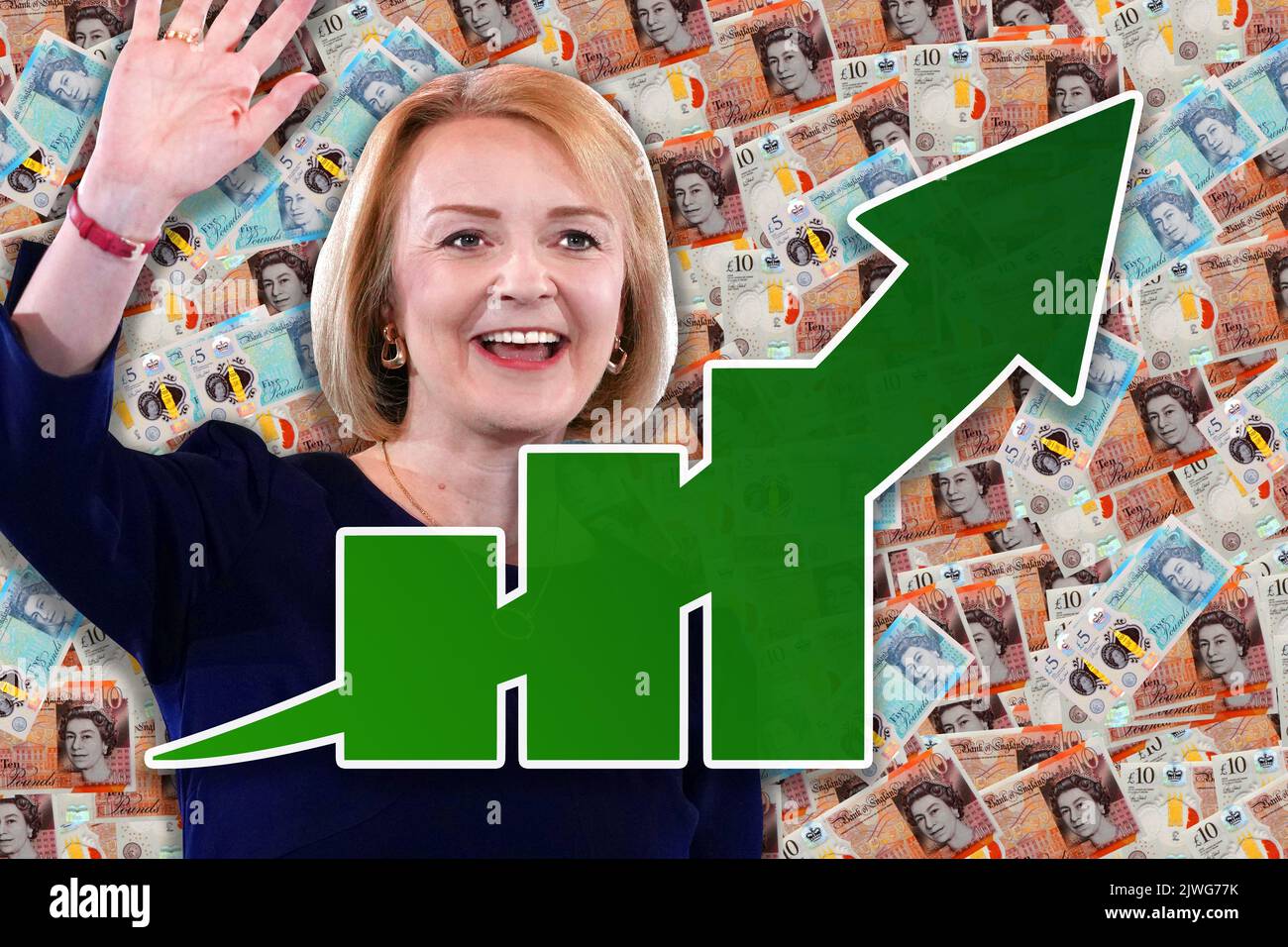 Economy Chart - Aufwärtspfeil, Liz Truss und Cash Britische Pfund-Anleihen Stockfoto