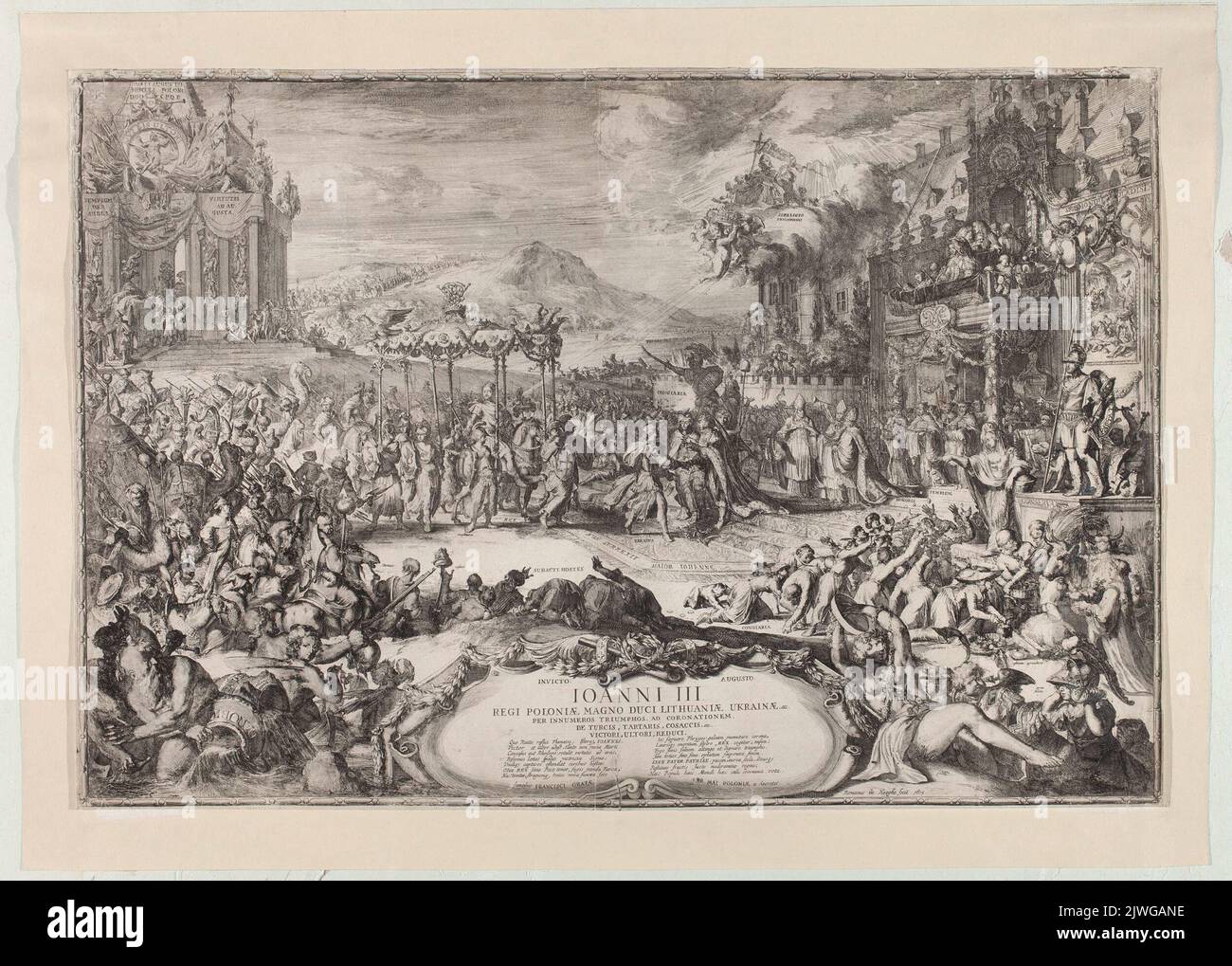 Triumgster Eintritt von Jan III Sobieski für seine Krönung in Krakau, auch Apotheose von Jan III Sobieski genannt. Hooghe, Romeyn de (1645-1708), Grafikerin, Schoonenbeek, Adriaan (1657-1705), Herausgeber Stockfoto