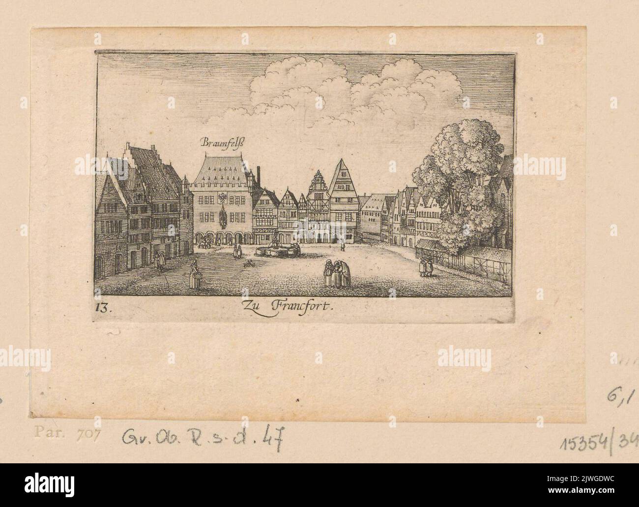 Frankfurt, Blick auf einen dreiseitig von Stadthäusern mit Giebeldächern umgebenen Platz. Hollar, Wenceslaus (1607-1677), Grafiker, Hogenberg, Abraham (fl. 1608-1659), Herausgeber Stockfoto