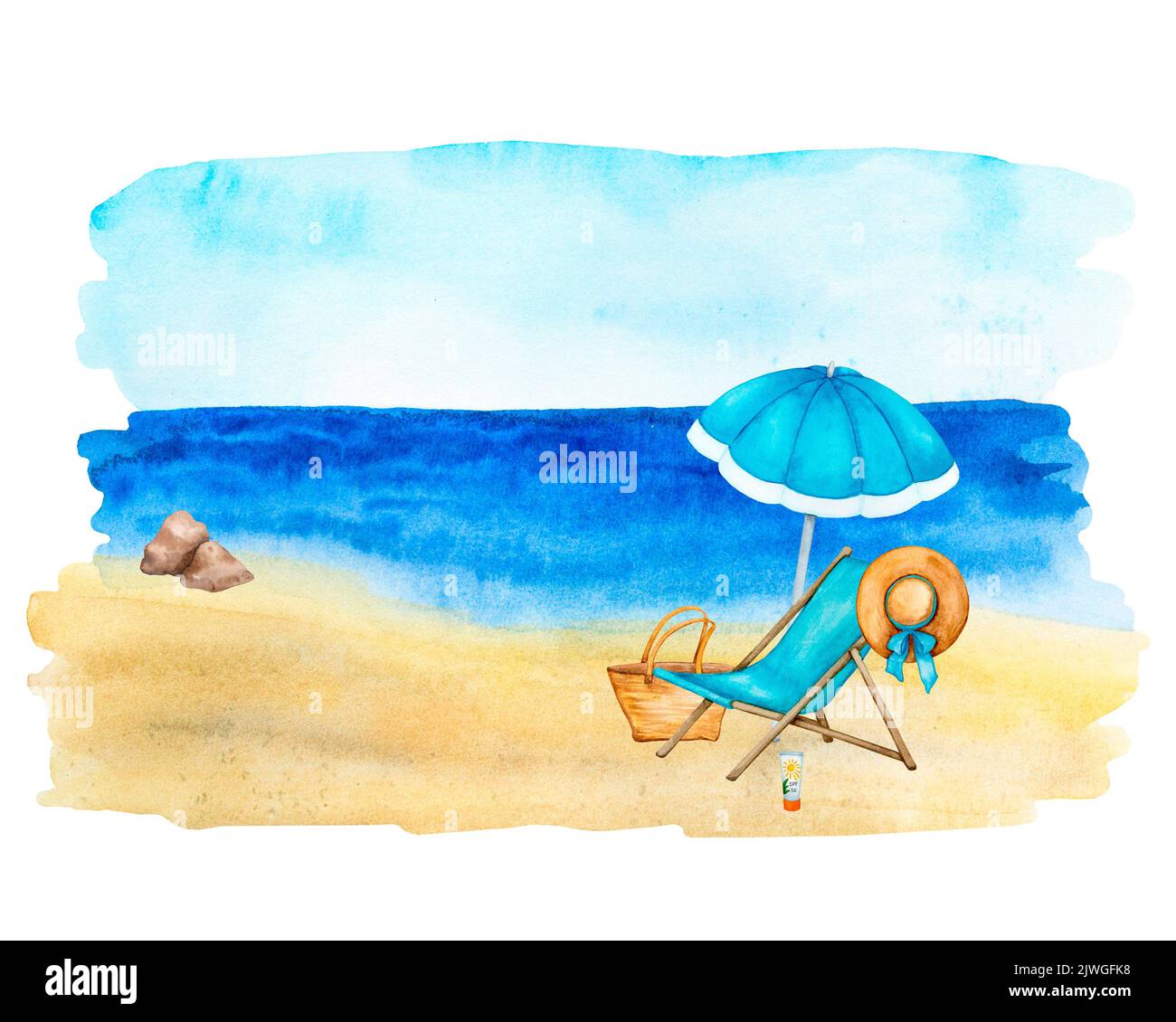 Sommerurlaub am Strand. Aquarellhintergrund. Komposition an der Küste mit Sonnenliege, Regenschirm, Weidensack und Hut. Stockfoto