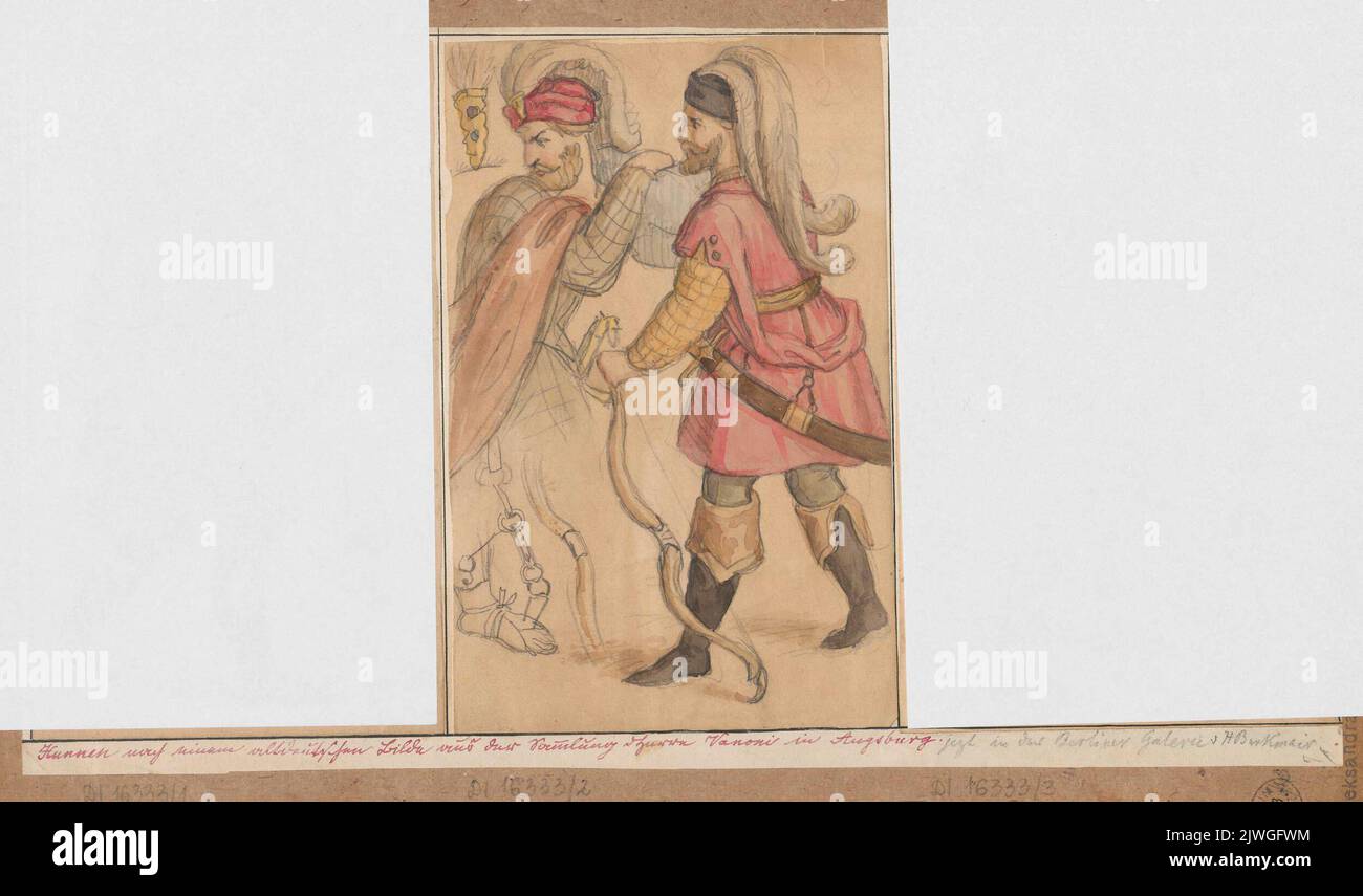 Zwei ungarische Krieger, Skizzen nach Drucken oder einem Gemälde. Lesser, Aleksander (1814-1884), Zeichner, Karikaturist, Burgkmair, Hans (1473-1531 ; st.), Graveur Stockfoto