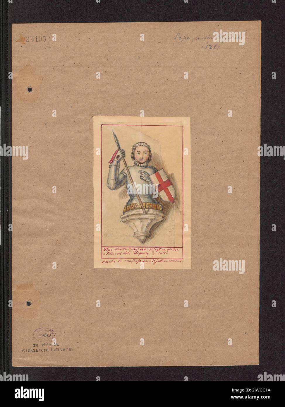 Der Großmeister des Deutschen Ordens Poppo von Osterna, eine Halbfigur auf der Konsole der Franziskanerkirche des Hl. Jakobus in Wrocław. Lesser, Aleksander (1814-1884), Zeichner, Karikaturist Stockfoto