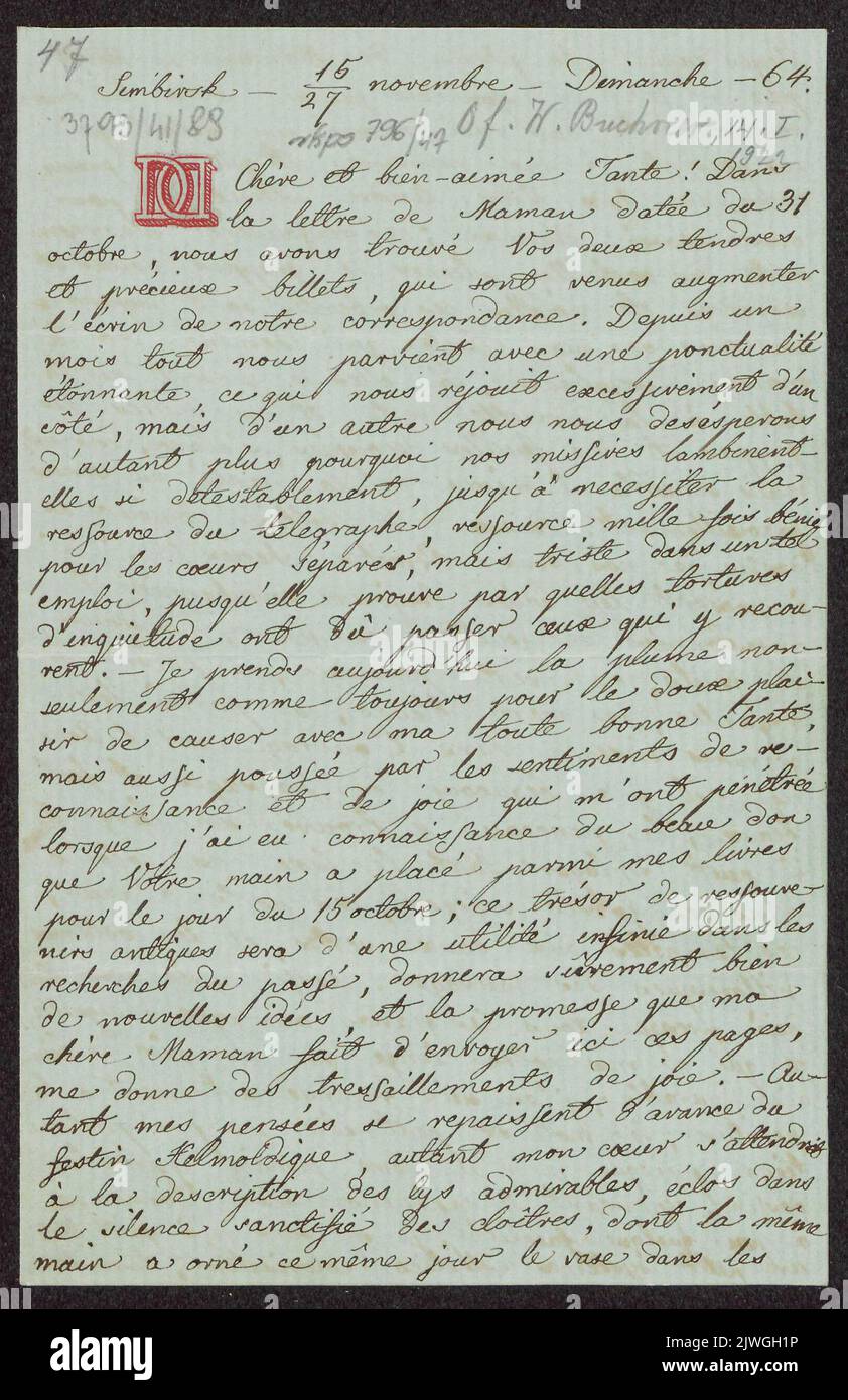 List Jadwigi Łuszczewskiej (Deotymy) i Wacława Łuszczewskiego do ciotki Konstancji Wodzińskiej. Łuszczewska, Jadwiga (Deotyma) (1834-1908), Autorin, Łuszczewski, Wacław (1806-1867), Autor Stockfoto