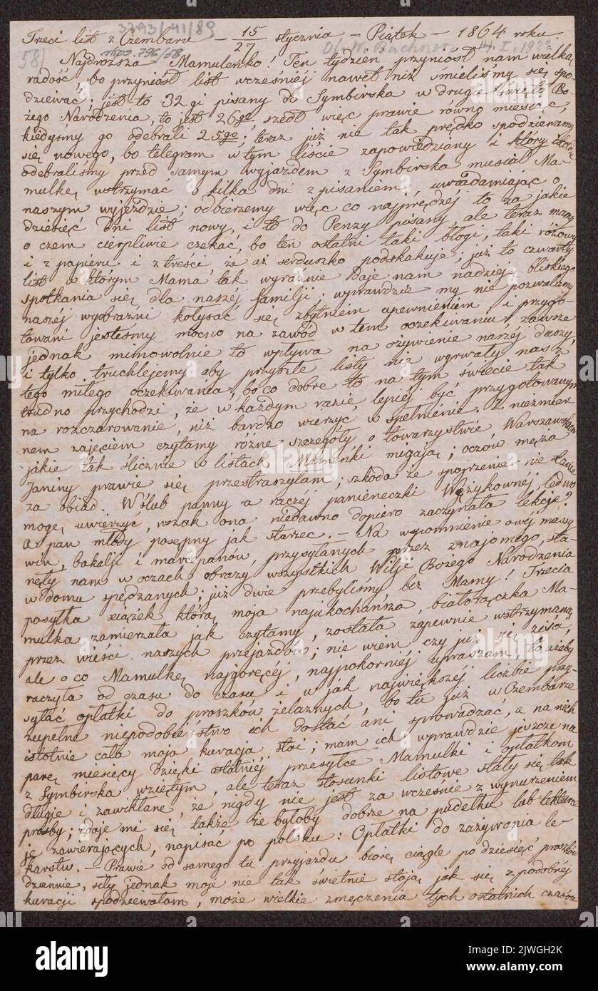 Listen Sie Jadwigi Łuszczewskiej (Deotymy) auf ich Wacława Łuszczewskiego do Magdaleny Łuszczewskiej. Łuszczewska, Jadwiga (Deotyma) (1834-1908), Autorin, Łuszczewski, Wacław (1806-1867), Autor Stockfoto