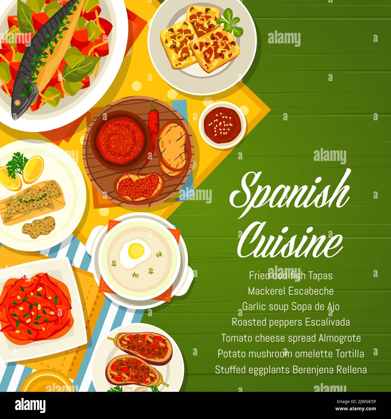 Design-Vorlage für die spanische Küche mit Menüabdeckung. Gebratener ...
