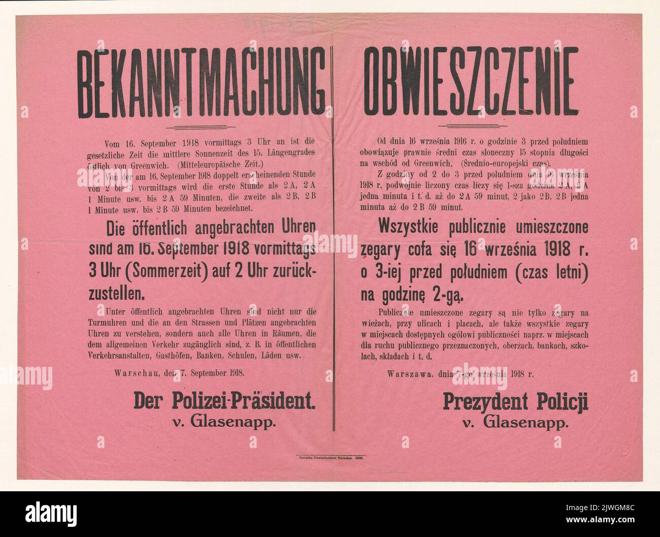 Ankündigung des Präsidenten der Polizei v. Glasenapp über die Zeitumstellung in der Provinz des Generalgouvernements Warschau vom Sommer in die mitteleuropäische Zeit am 16.. September 1918, Warschau, 7.. September 1918. Glasenapp, Ernst Reinhold Gerhard von (1861-1928), Autor, Deutsche Staatsdruckerei Warschau (Warszawa ; drukarnia ; 1916-1918), Druckerei Stockfoto