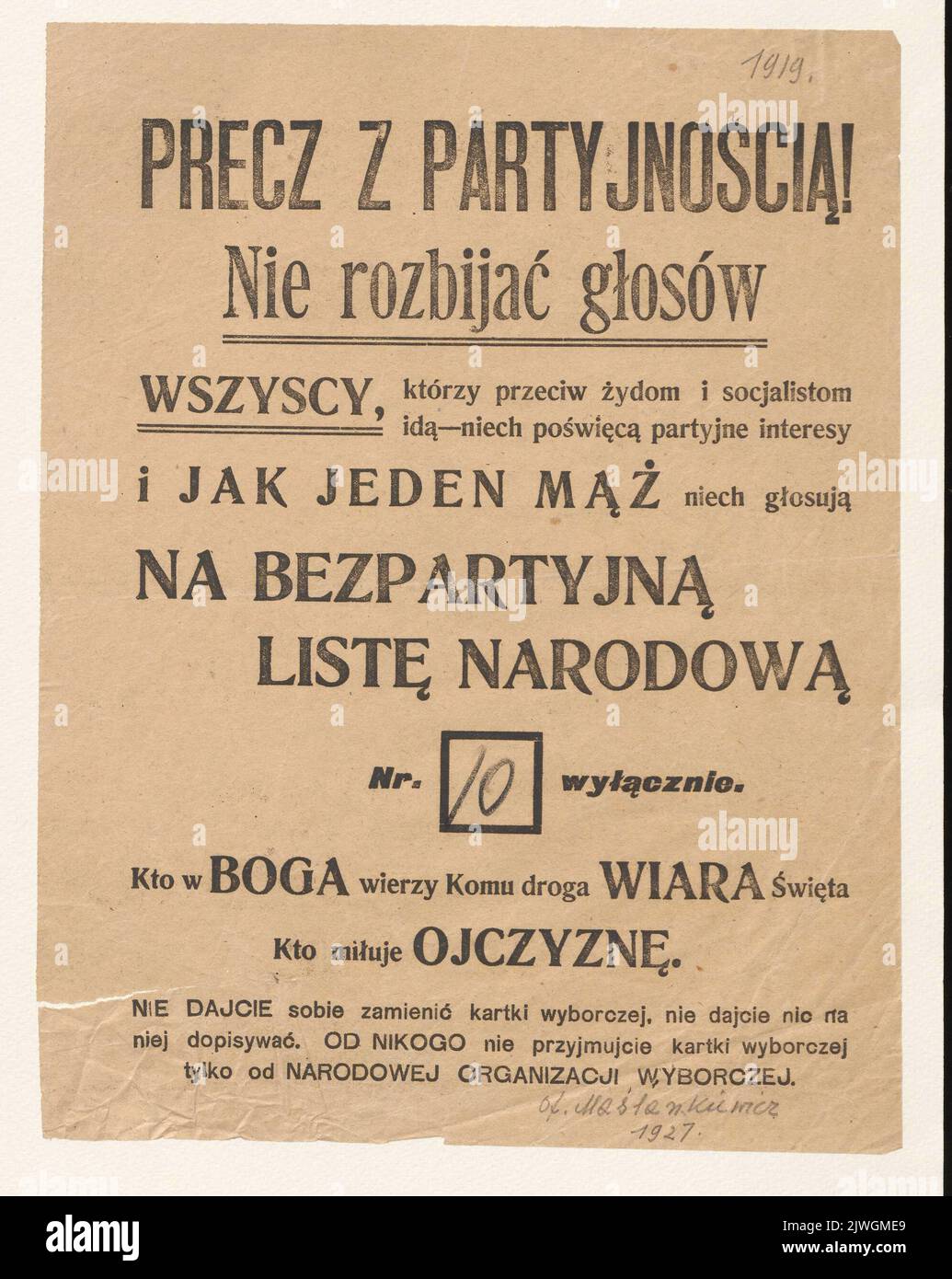 Flugblatt zur Abstimmung über die Listennr 10, das Nationale Wahlkomitee der Demokratischen Parteien, bei den Wahlen zum gesetzgebenden Sejm der Republik Polen im Jahr 1919 [Flugblatt enthält antisemitischen und antisozialistischen Inhalt]. Unbekannt, Druckerei Stockfoto