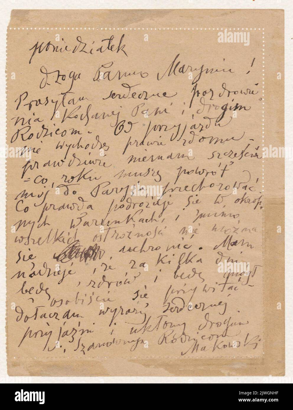 Brief an Maria Mickiewiczówna. Makowski, Tadeusz (1882-1932), Autor Stockfoto