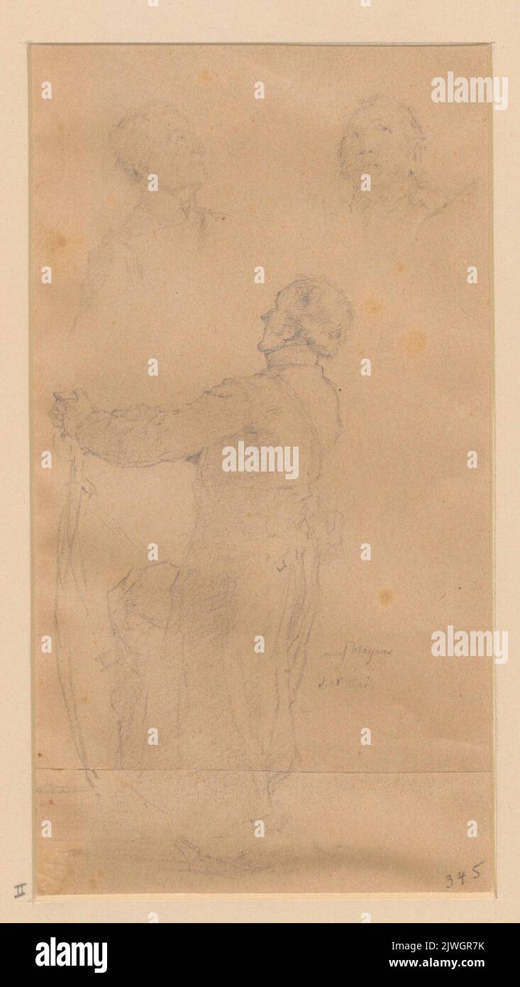 Zwei Studien von Köpfen und einem knieenden Soldaten, dargestellt von hinten. Scholtz, Julius (1825-1893), Zeichner, Karikaturist Stockfoto