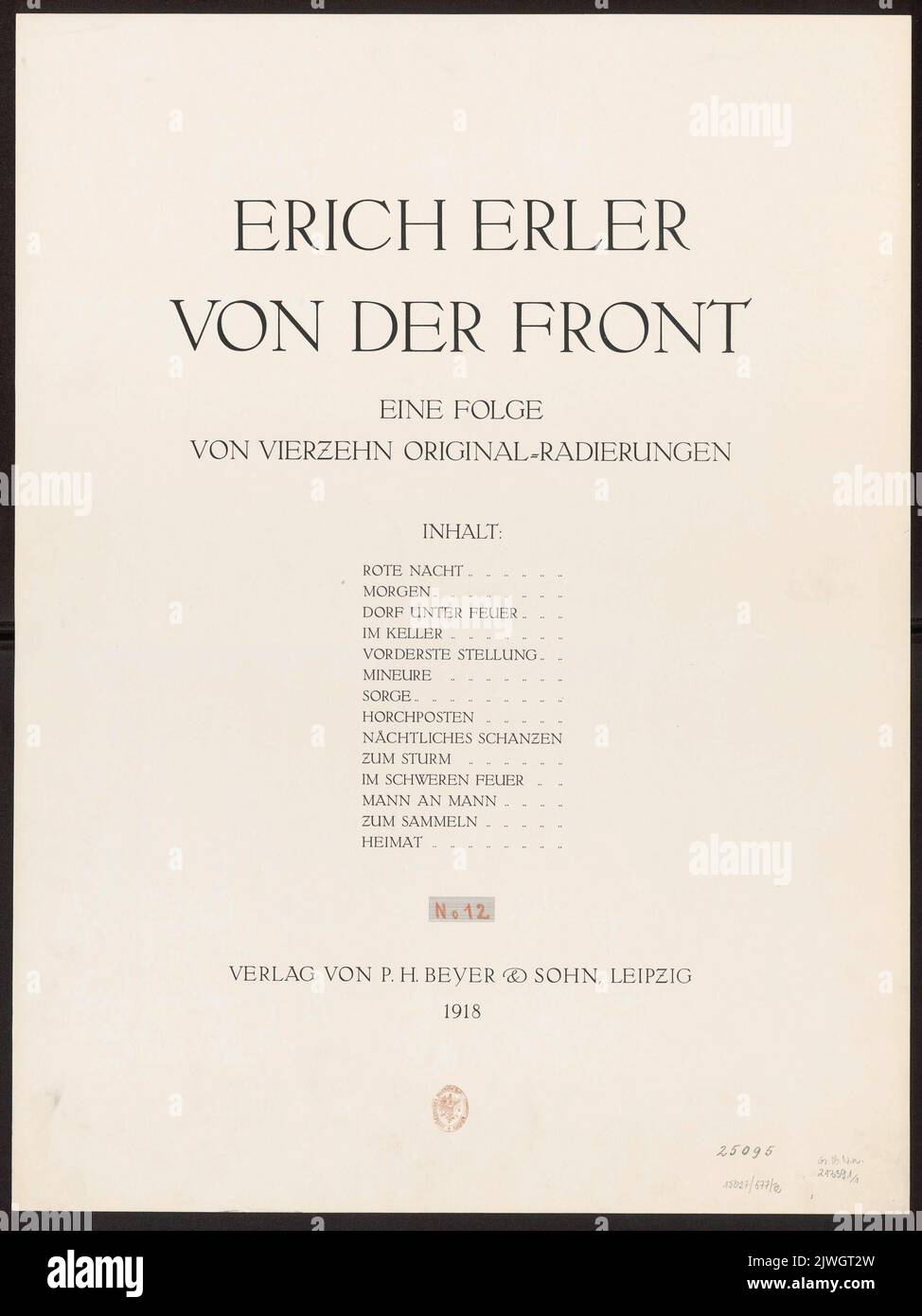 Titelseite des Zyklus: Von der Front. Eine Folge von Vierzehn Original-Radiierungen.. Wetteroth, Heinrich (Monachium ; Zakład graficzny ; fl. 1860-1925), Druckerei, Erler, Erich (1870-1935), Graviermaschine, Verlag von P.H. Beyer & Sohn (Lipsk ; wydawnictwo ; 1897- ), Herausgeber Stockfoto