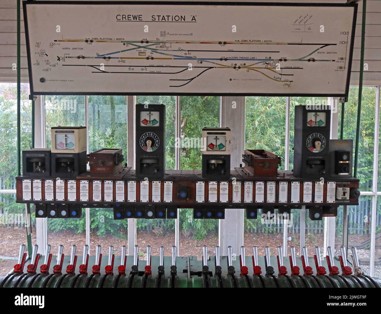 Cockpit und Schaltplan der traditionellen viktorianischen Bahnstrecke, Crewe Station A, in Cheshire, England, Großbritannien, CW1 2DB Stockfoto