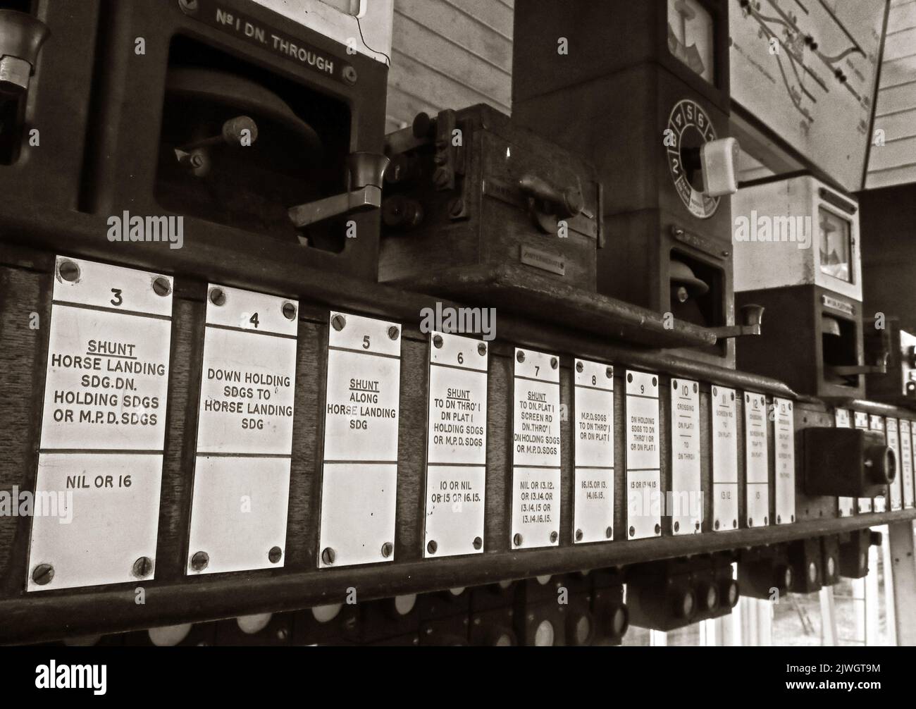 Sepia-Ansicht des Inneren der Signalbox, Station A, Pferdeanlegestelle, Crewe, Cheshire, ENGLAND, GROSSBRITANNIEN, CW1 2DB Stockfoto