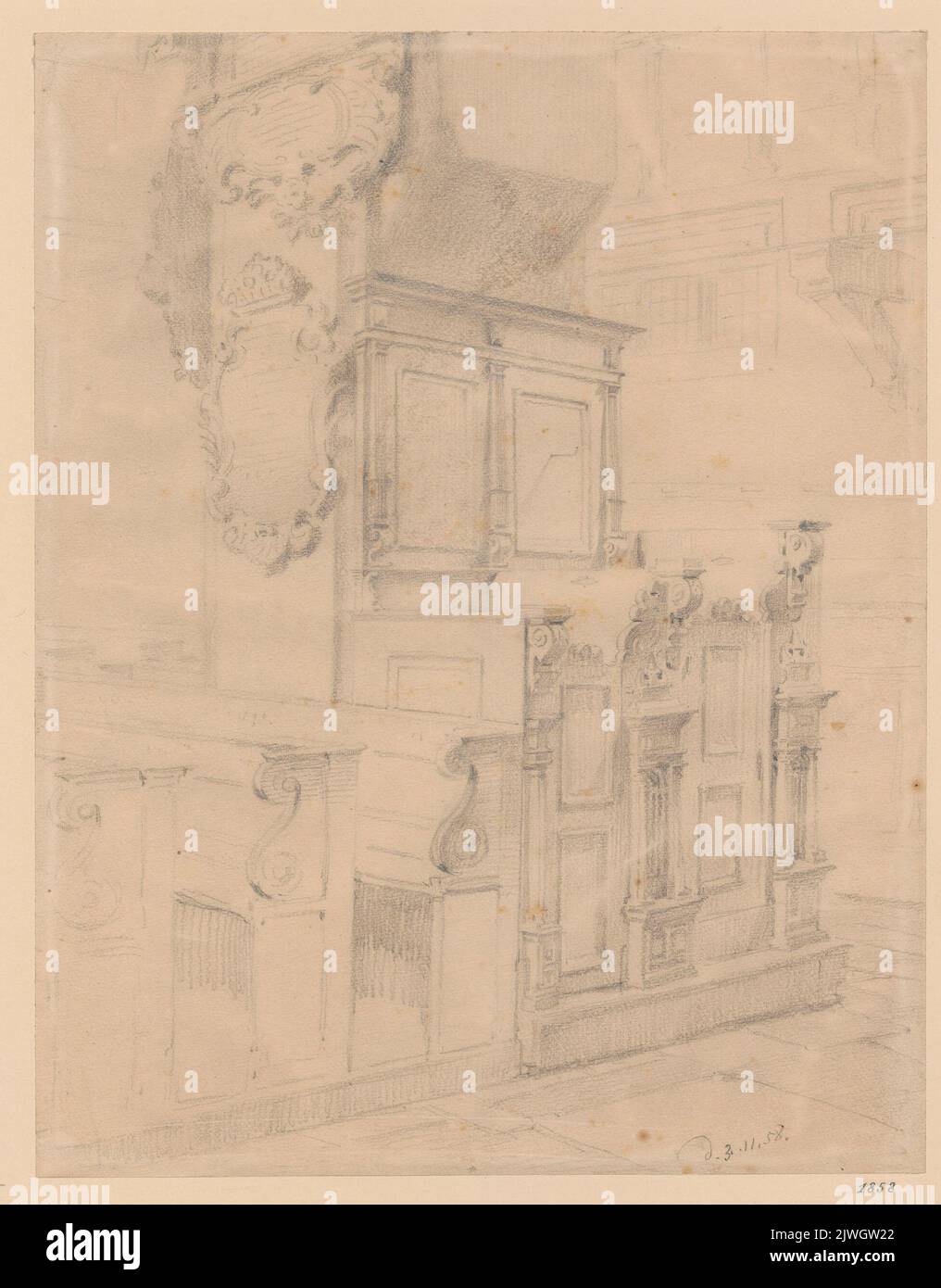 Bänke und Epitaphe in einer Kirche. Scholtz, Julius (1825-1893), Zeichner, Karikaturist Stockfoto