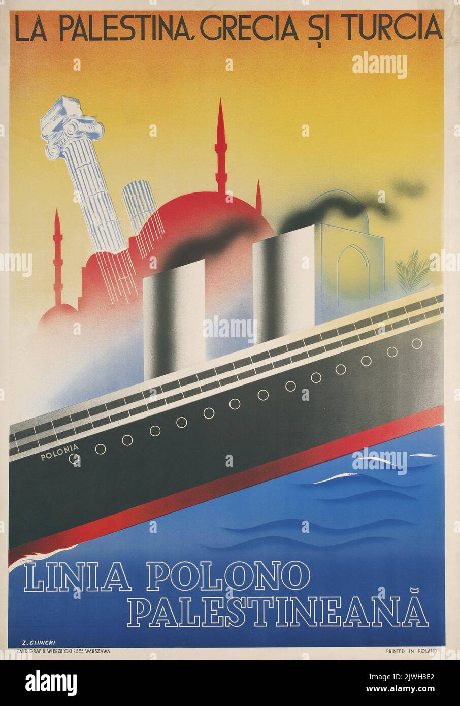 LINIA Polono Palestineană , La Palestina, Grecia şi Turcia. Glinicki, Zygmunt (1898-1940), Autor, Zakłady Graficzne B. Wierzbicki i S-ka w Warszawie, Druckerei, Polskie Transatlantyckie Towarzystwo Okrętowe (przedsiębiorstwo żeglugowe ; 1930-1934), bestellende Partei Stockfoto