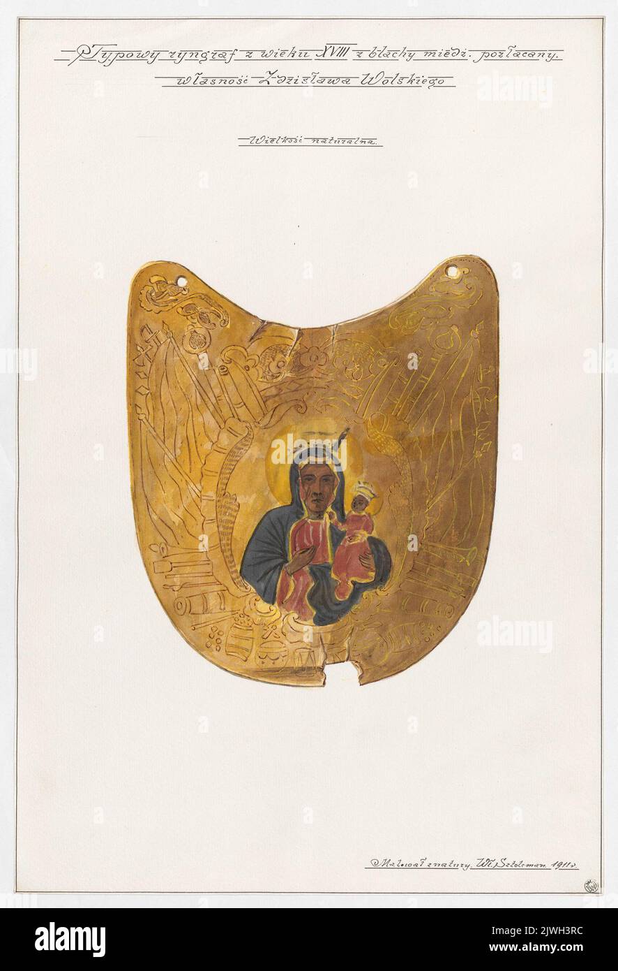Gorget aus Kupferblech, vergoldet, aus dem 18.. Jahrhundert, im Besitz von Zdzisław Wolski ; Zeichnung für die Publikation: Dominika Jeżewskiego Skarbiec Zabytków Polskich znajdujących się w prywatnych zbiorach Warszawy, malował z natury Władysław Sztolcman od r. 1909????????????????????? . Sztolcman, Władysław Roman (1873-1950), Maler Stockfoto