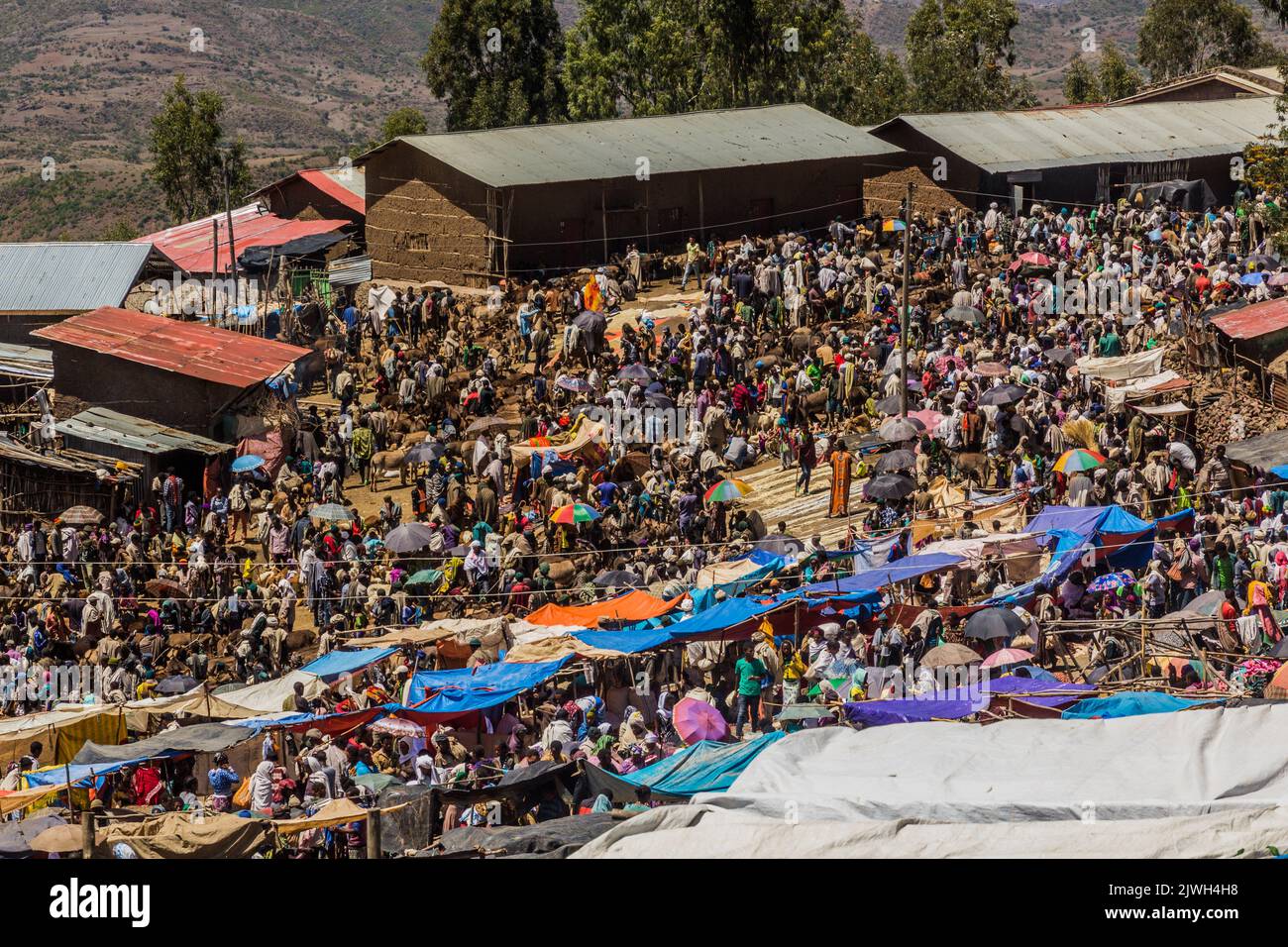 LALIBELA, ÄTHIOPIEN - 30. MÄRZ 2019: Massen auf dem Samstagsmarkt in Lalibela, Äthiopien Stockfoto