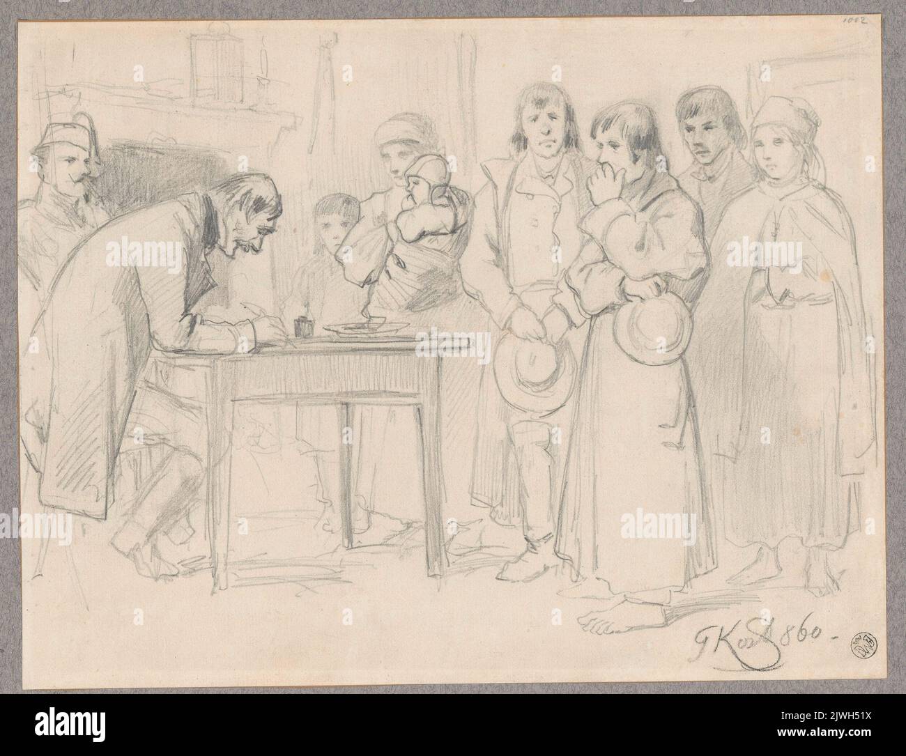 Berechnung der Arbeitskosten, Studie für die Malerei. Kostrzewski, Franciszek (1826-1911), Zeichner, Karikaturist Stockfoto