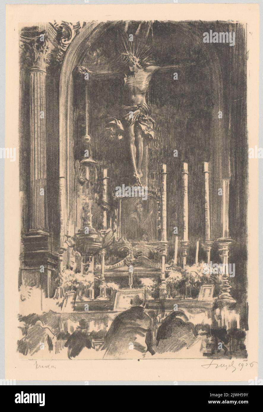 Christus am Kreuz, mit Wyczółkowski im Gebet. Wyczółkowski, Leon (1852-1936), Grafiker Stockfoto