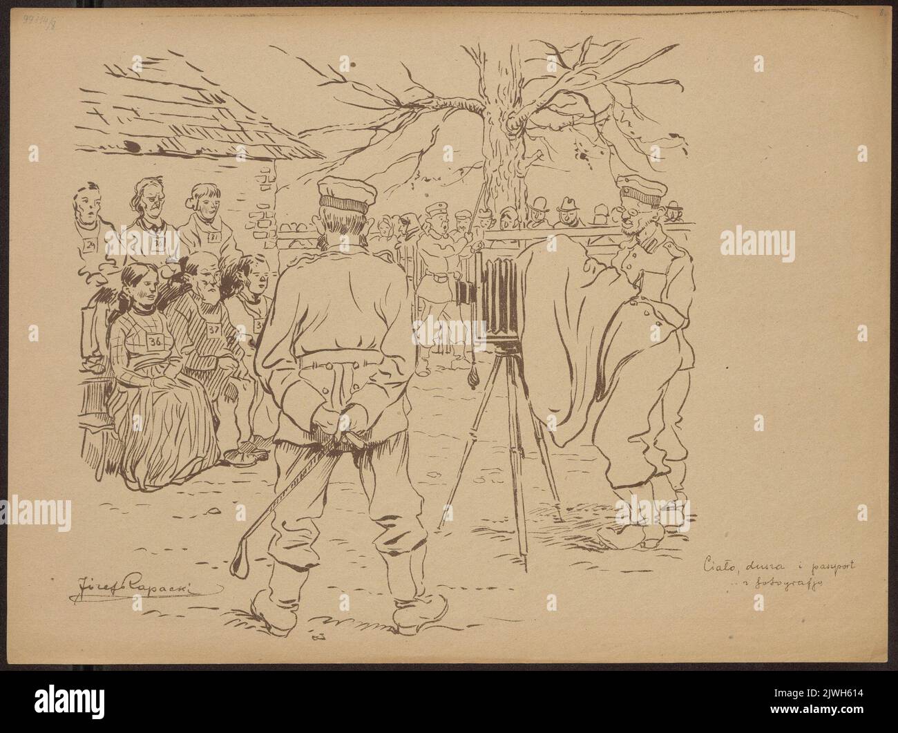 Der Körper, die Seele und ein Pass mit Foto, Chart 8 aus dem Portfolio “Pro memoria. Der preußische in Polen (1915-1918)“. COTTY, Jan (Warszawa ; drukarnia i Zakład litograficzny ; 1863-1939), Lithographie-atelier, Rapacki, Józef (1871-1929), Grafiker, Tygodnik Ilustowany (Warszawa ; wydawnictwo ; 1859-1939), Verleger Stockfoto