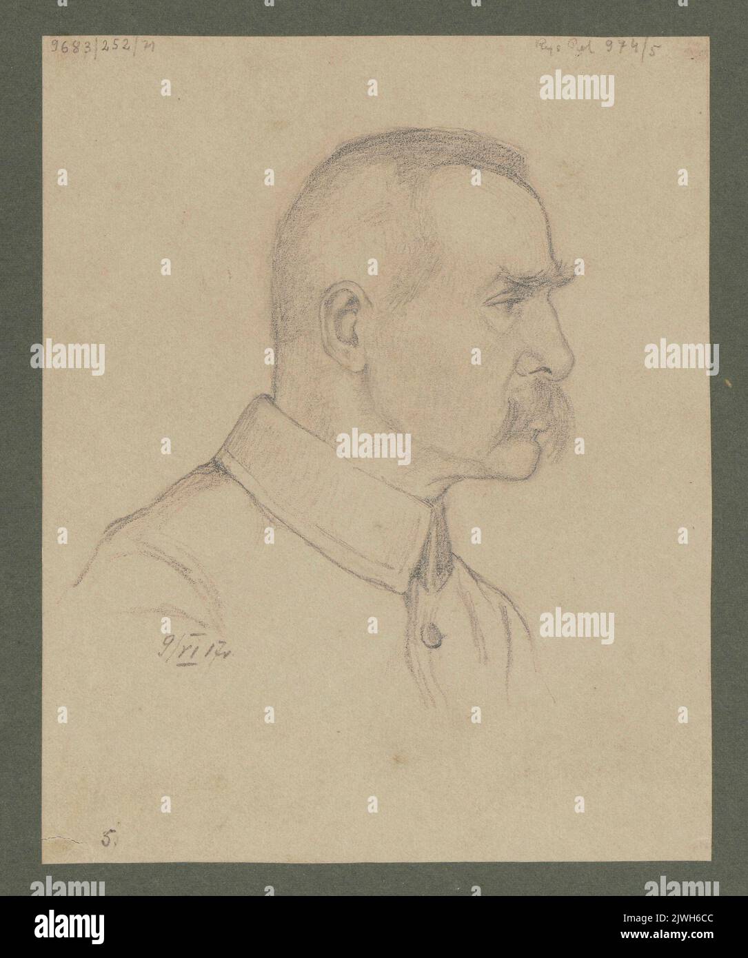 Porträt von Józef Piłsudski im Album mit Porträts von Mitgliedern des Provisorischen Staatsrats. Jankowski, Paweł Leon (1875-1919), Zeichner, Karikaturist Stockfoto