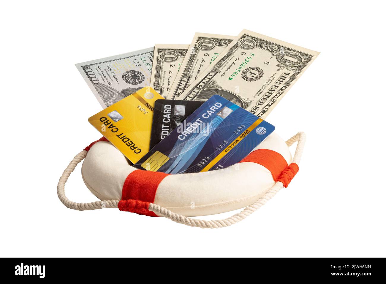 Finanzkrise, Rettungsboot mit US-Dollar-Banknoten, Unterstützung und Sicherheit der Finanzen. Stockfoto