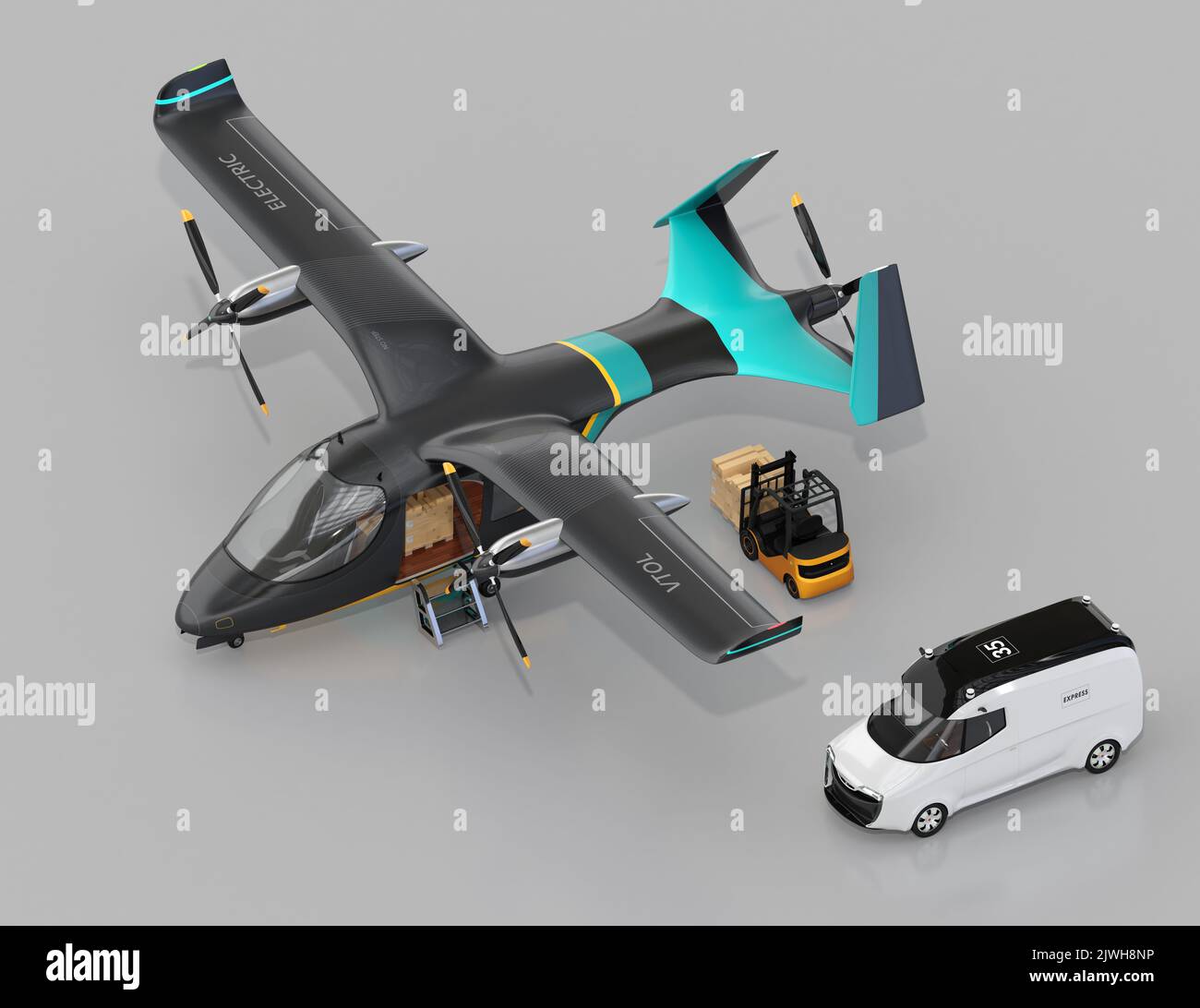 Isometrische Ansicht von Elektro-VTOL-Frachtflugzeug, Lieferwagen und Gabelstapler auf grauem Hintergrund. Intelligentes Logistikkonzept. 3D Rendering des Bildes. Stockfoto