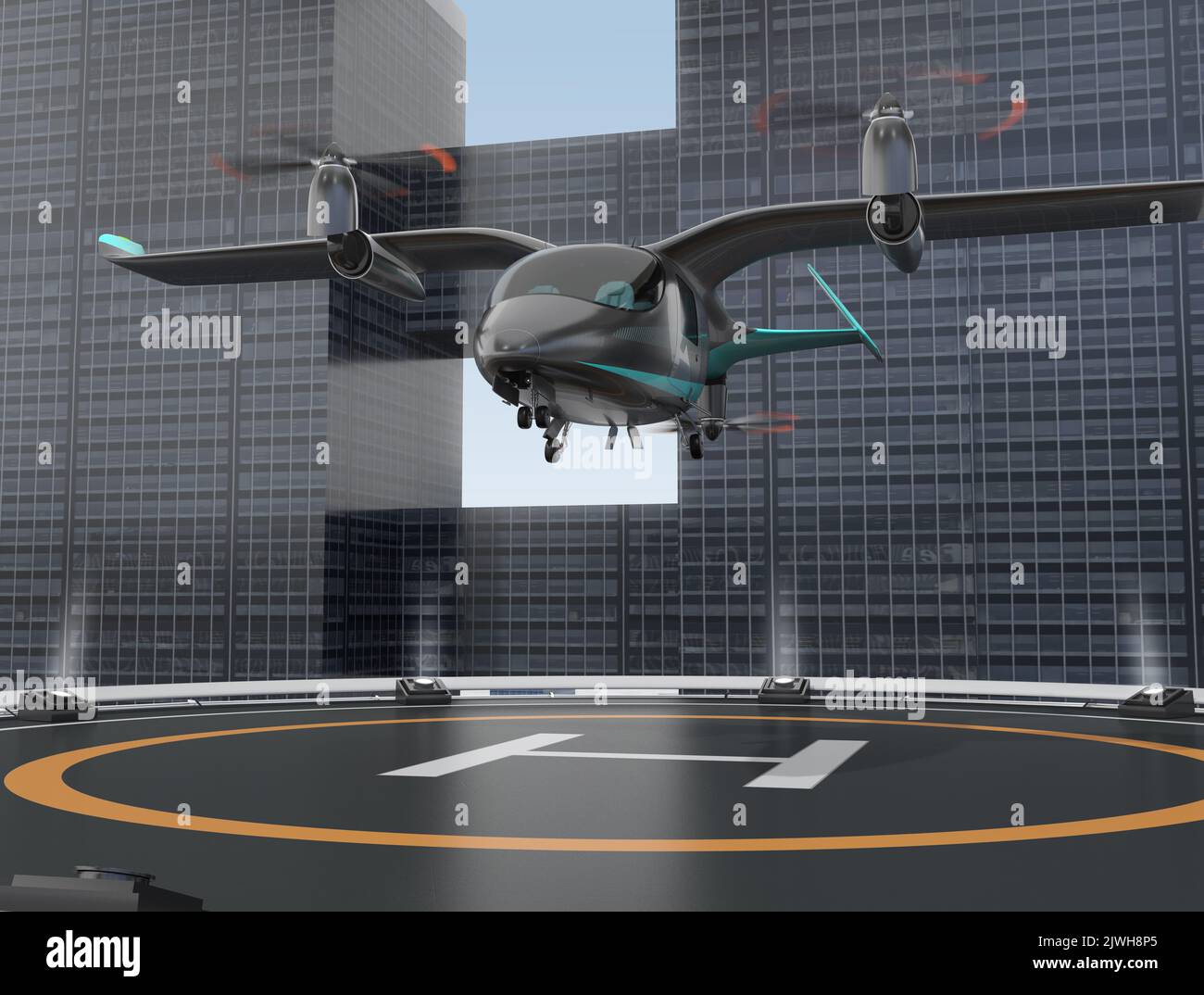 Elektrisches VTOL-Passagierflugzeug, das vom Hubschrauberlandeplatz abfliegt. Urban Passenger Mobility-Konzept. 3D Rendering des Bildes. Stockfoto