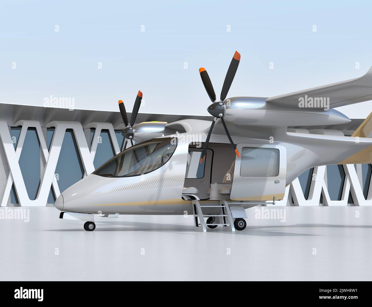 Elektrische VTOL Passagierflugzeuge im Flughafen. Urban Passenger Mobility-Konzept. 3D Rendering des Bildes. Stockfoto