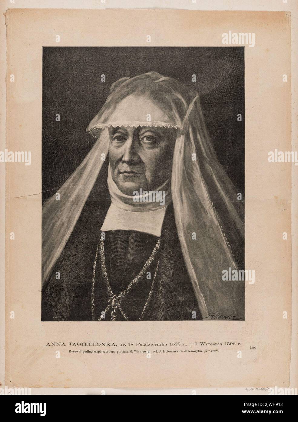 Porträt von Anna Jagiellonka. Holewiński, Józef (1848-1917), Grafiker, Witkiewicz, Stanisław (1851-1915), Zeichner, Karikaturist, Kłosy (Warszawa ; drzeworytnia ; 1865-1890), Workshop Stockfoto