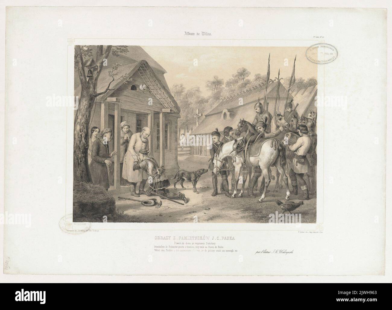 Pasek kehrt von einer Reise nach Dänemark zurück. Illustration zu Paseks „Memoiren“. Lemercier, Rose Joseph (Paryż ; Zakład litograficzny ; 1827-post 1899), Lithographie-atelier, Grenier de Saint-Martin, Francisque-Martin-François (1793-1867), Grafiker, Zaleski, Antoni (1824-1885), Zeichner, Karikaturist, Wilczyński, Jan Kazimierz (1806-1885), Verleger Stockfoto