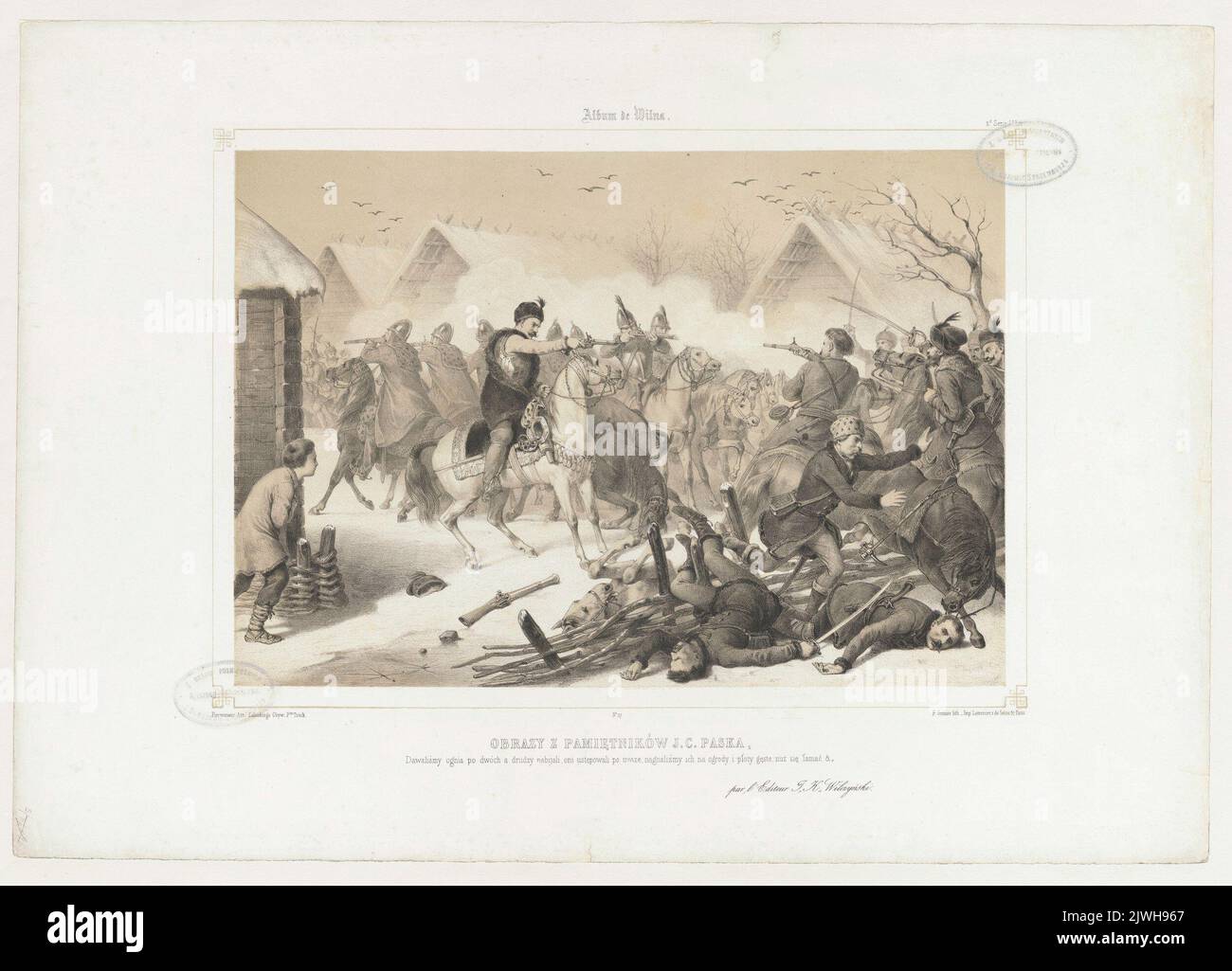 Pasek verteidigt eine bekümmerte Witwe. Illustration zu Paseks „Memoiren“. Lemercier, Rose Joseph (Paryż ; Zakład litograficzny ; 1827-post 1899), Lithographie-atelier, Grenier de Saint-Martin, Francisque-Martin-François (1793-1867), Grafiker, Zaleski, Antoni (1824-1885), Zeichner, Karikaturist, Wilczyński, Jan Kazimierz (1806-1885), Verleger Stockfoto