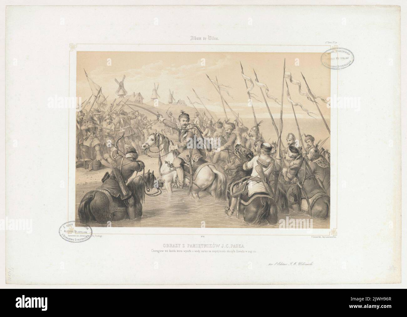Army Crossing a Sea embranchment Illustration zu Paseks „Memoiren“. Lemercier, Rose Joseph (Paryż ; Zakład litograficzny ; 1827-post 1899), Lithographie-atelier, Grenier de Saint-Martin, Francisque-Martin-François (1793-1867), Grafiker, Zaleski, Antoni (1824-1885), Zeichner, Karikaturist, Wilczyński, Jan Kazimierz (1806-1885), Verleger Stockfoto