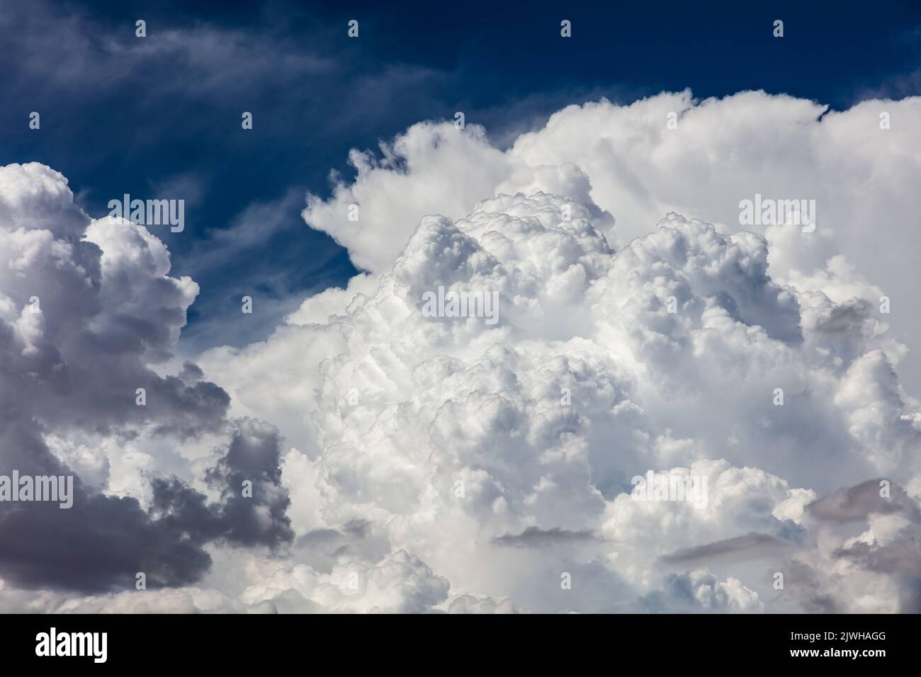 Nahaufnahme der Billowy Cumulus Wolken. Wispy Wolken, tiefblauer Himmel im Hintergrund. Stockfoto