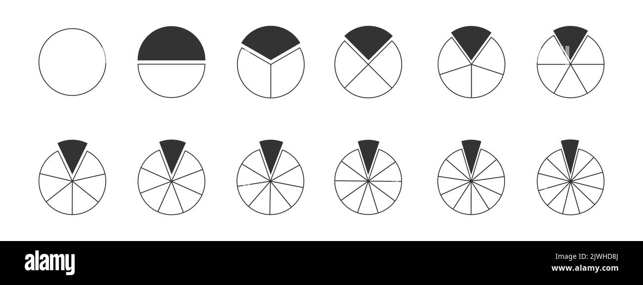 Satz von Kreisen, die in Abschnitte von 1 bis 12 mit einem getrennten gemalten Fragment segmentiert sind. Donut-Diagramme, Torten- oder Pizzaformen, die in gleich große Scheiben geschnitten werden, isoliert auf weißem Hintergrund. Vektordarstellung Stock Vektor