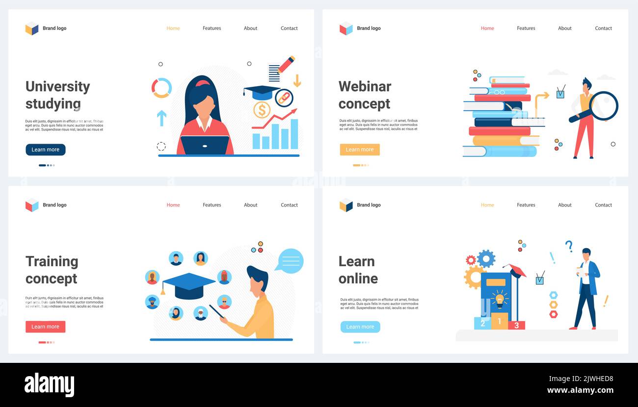 Schule und Universität studieren, Erfolg Abschluss Set Vektor Illustration. Zeichentrickfilm-Studenten und -Absolventen mit akademischer Obergrenze, Distanz-elearning-Konzept für Banner, Website-Design oder Landing Web Page Stock Vektor