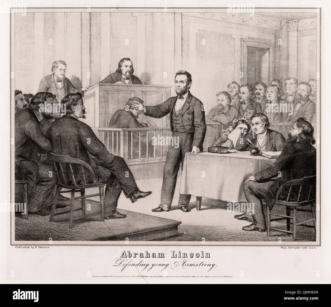 Abraham Lincoln Abraham Lincoln vor Gericht während eines Prozesses, in dem er William 'Duff' Armstrong verteidigte, der wegen des Mordes an James Preston Metzker angeklagt war. Er zeigte usccessfully, dass ein Zeuge gelogen und Armstrong freigesprochen wurde. Stockfoto
