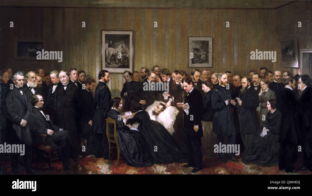 Die letzten Stunden von Abraham Lincoln, entworfen von John B. Bachelder und gemalt von Alonzo Chappel (1868), zeigt zusammen diejenigen, die den sterbenden Präsidenten in der Nacht und am frühen Morgen des 14. Und 15. April 1865 besucht haben. Stockfoto